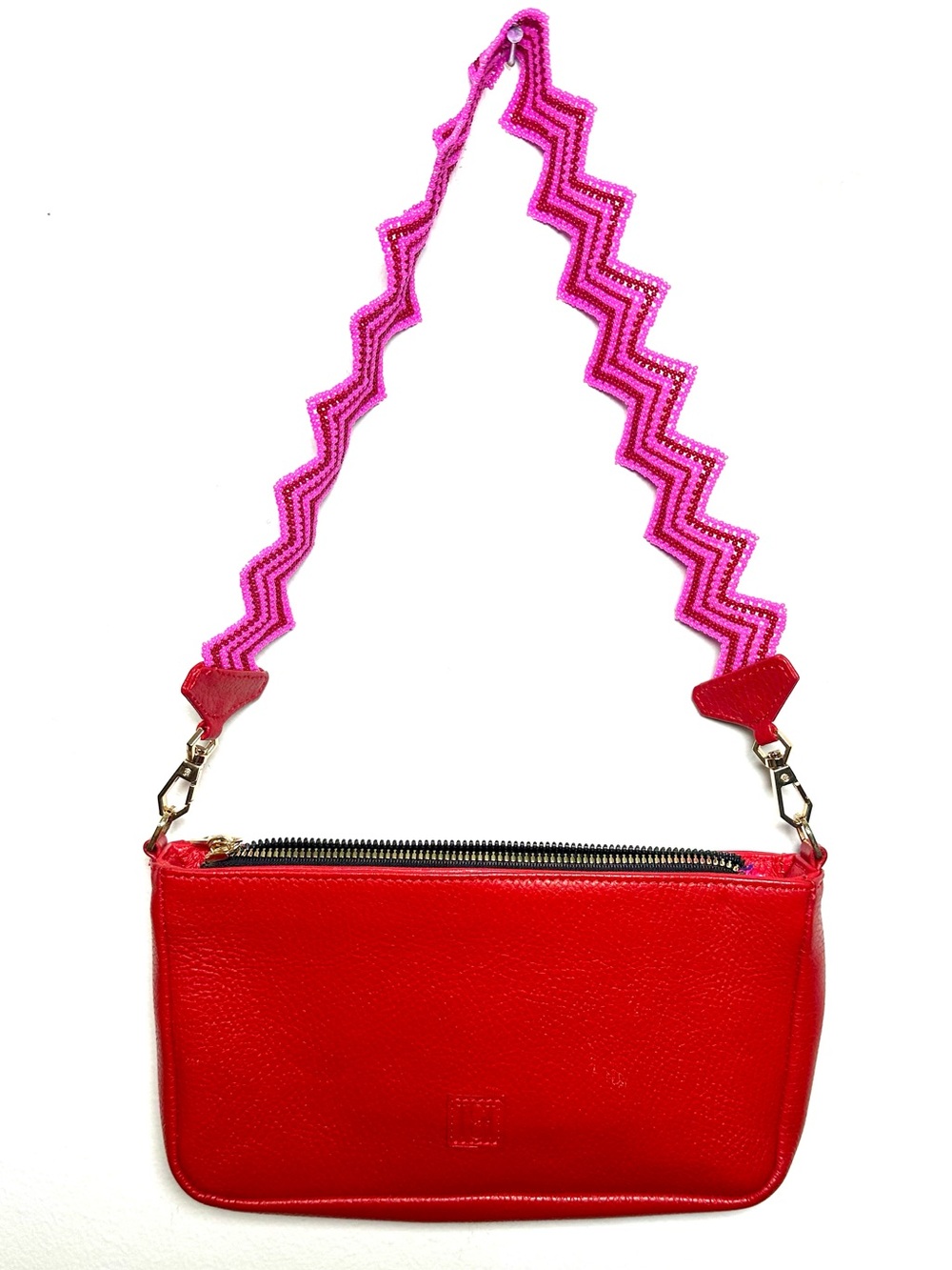 Tea & Tequilla Taco Bag Red pebbled shoulder Bag  Pink glass beaded Zigzag strap